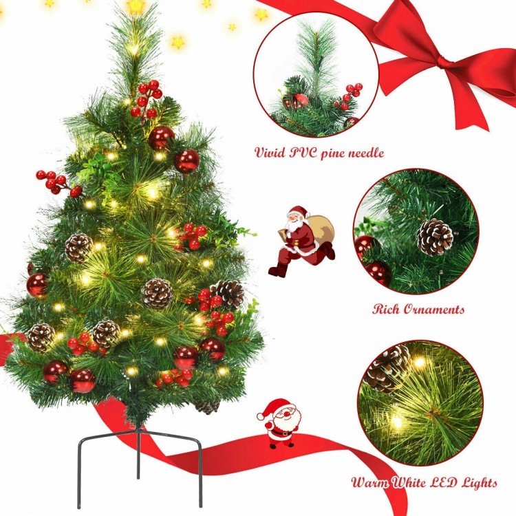 29-inch pre-lit Christmas tree with vivid PVC needles, rich ornaments, and warm white LED lights for festive decor.