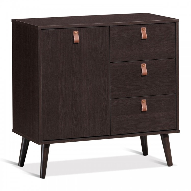 3-drawer sideboard storage cabinet in brown with leather handles, featuring an adjustable shelf for versatile storage.