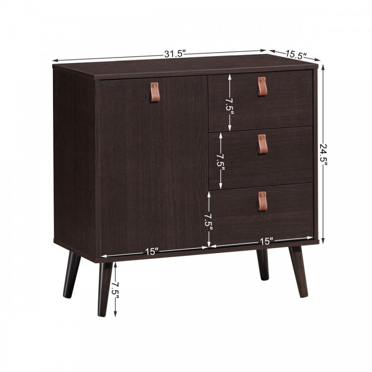Brown 3-drawer sideboard storage cabinet with adjustable shelf, engineered wood, and leather handles for versatile use.
