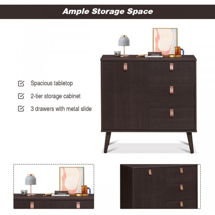 3-drawer sideboard storage cabinet in brown with adjustable shelf, elegant design for living room or office use.