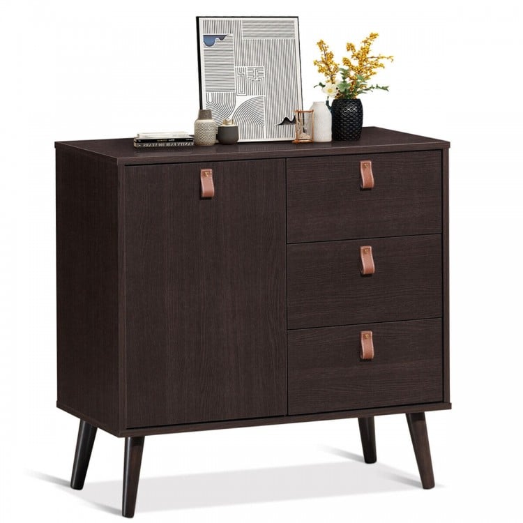 Brown 3-drawer sideboard storage cabinet with adjustable shelf, leather handles, and mid-century design for versatile.