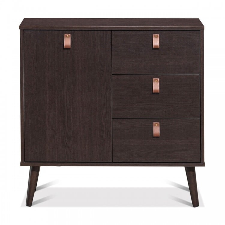 Brown 3-drawer sideboard storage cabinet with leather handles and adjustable shelf, perfect for living room or office.