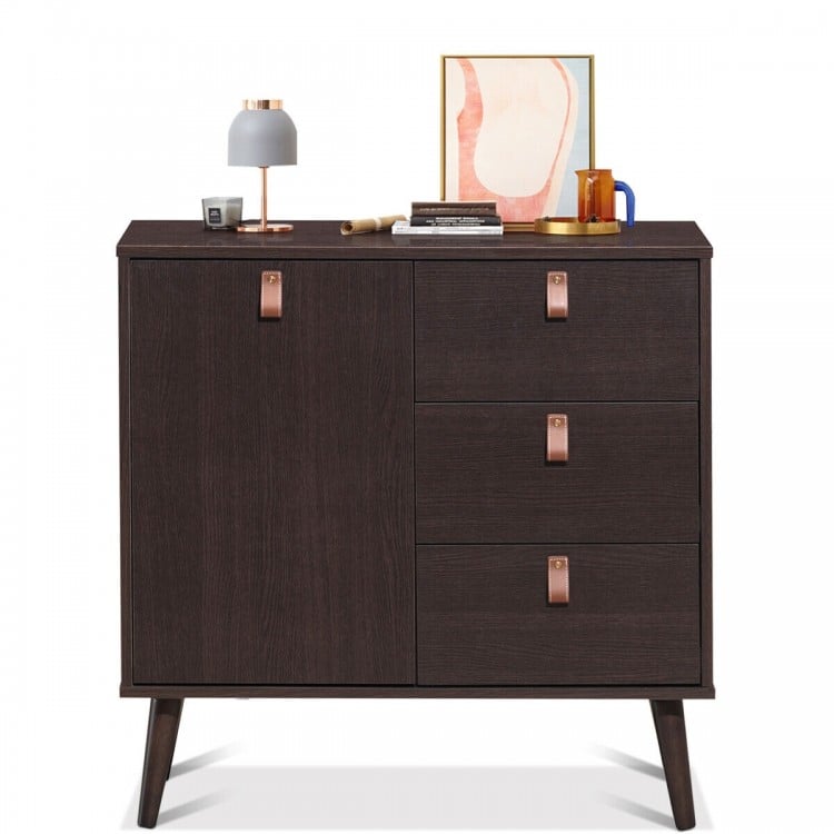 Brown 3-drawer sideboard storage cabinet featuring a smooth surface and unique leather handles, ideal for stylish.