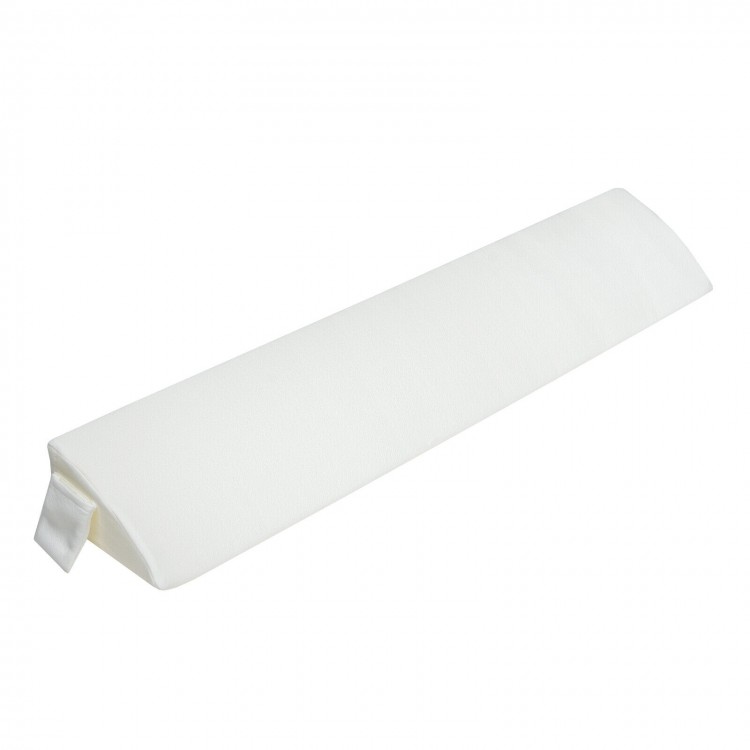 Bed wedge pillow gap filler in white, featuring a side pocket and ergonomic arched surface for neck support.