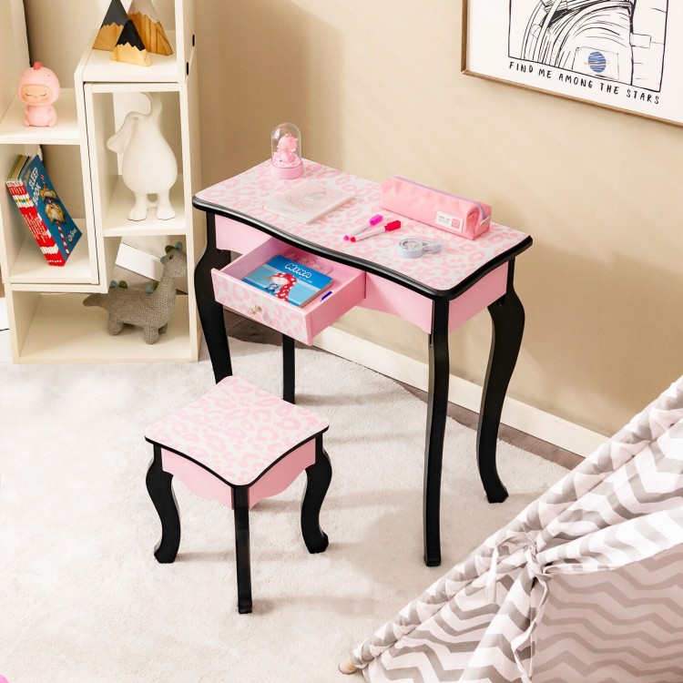 Kid vanity set with tri-folding mirror and leopard print in pink, perfect for play and study in a child's room.