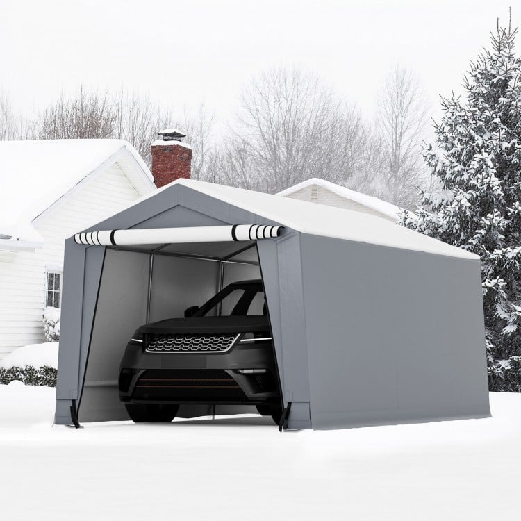 Heavy-duty 10 x 16 ft outdoor carport with galvanized steel frame and zippered doors, ideal for vehicle storage in.