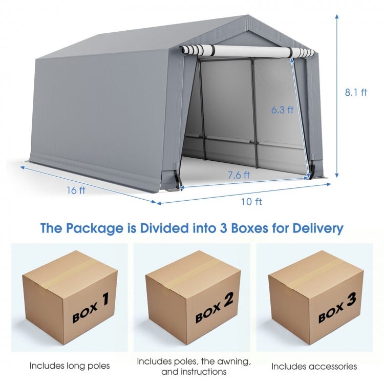 Heavy-duty 10' x 16' outdoor carport with 2 doors, featuring galvanized steel frame and durable PE fabric for vehicle.
