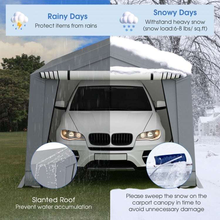 Heavy-duty 10 x 16 ft outdoor carport with galvanized steel frame and waterproof PE fabric, ideal for vehicle storage.