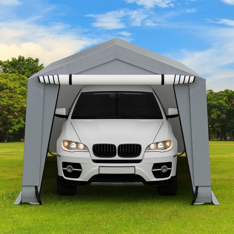 Heavy-duty 10 x 16 ft outdoor carport with zippered doors, perfect for vehicle storage and outdoor shade.