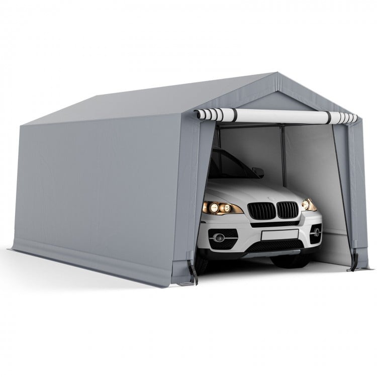 Heavy-duty 10' x 16' carport with zippered doors, galvanized steel frame, ideal for vehicle storage and outdoor shade.