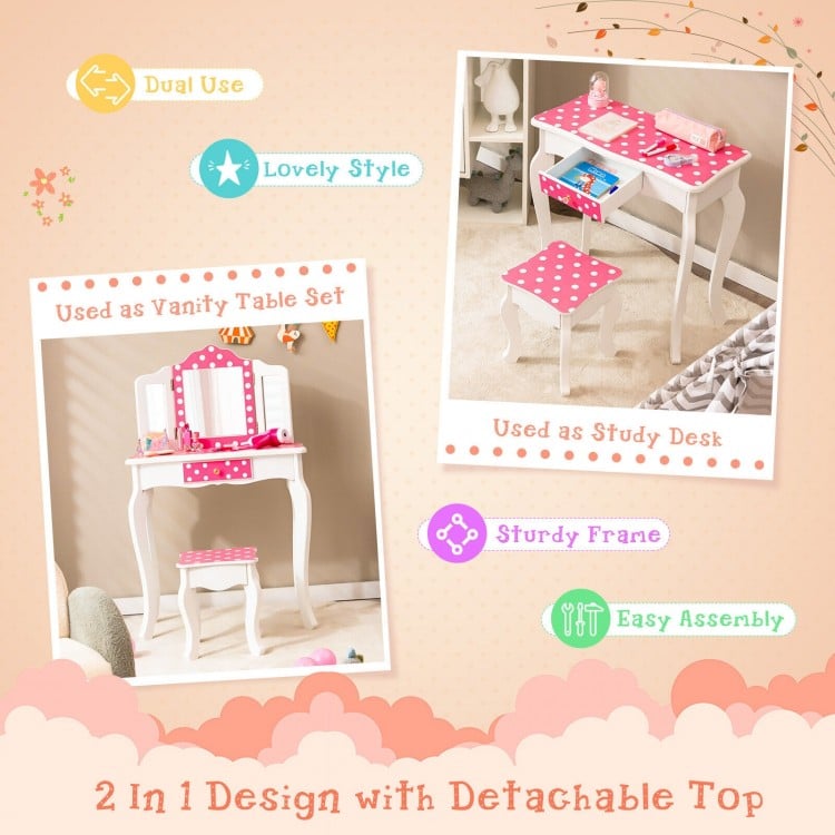 Kids vanity table set with pink polka dot print, featuring a tri-fold mirror, used as a study desk for versatile play.