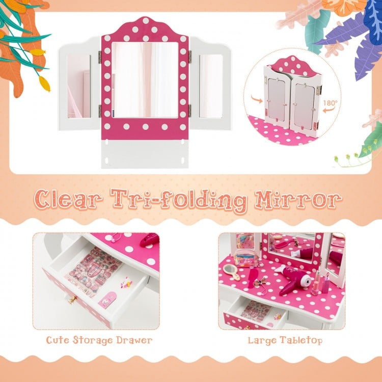Kids vanity table set featuring a large tri-folding mirror, cute polka dot print, and ample storage for accessories.