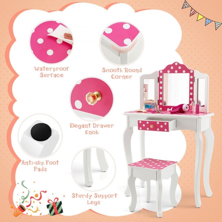 Kids vanity table set with pink polka dot print, large tri-fold mirror, and elegant drawer knob for safe play and.