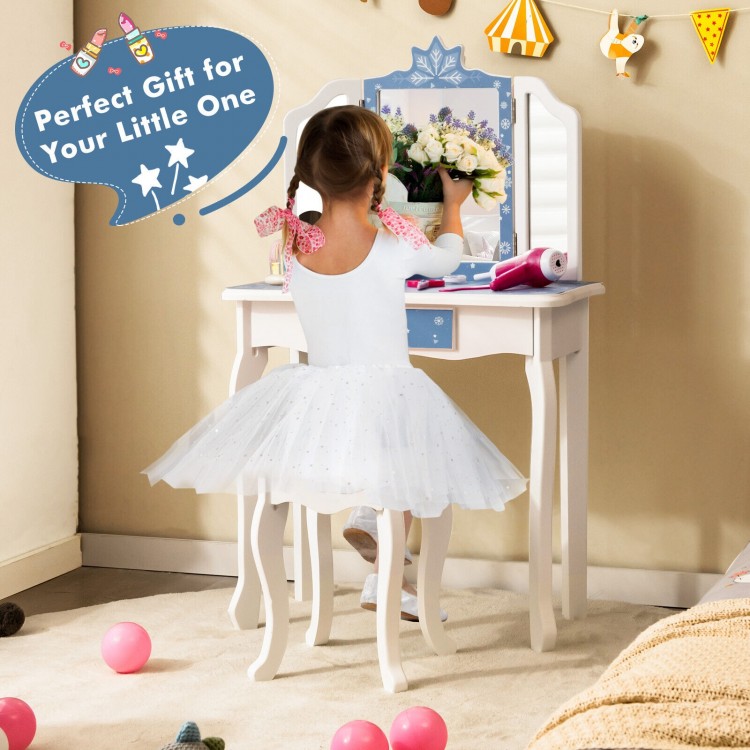 Princess vanity table and chair set with tri-folding mirror, snowflake print, ideal for children's makeup play.