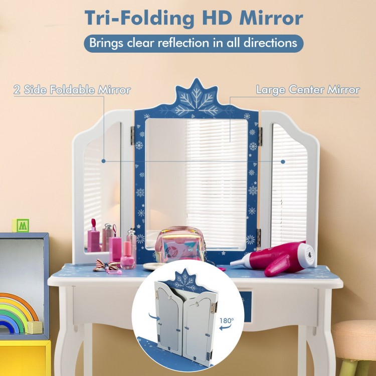 Tri-folding HD mirror with snowflake design on a children's vanity table set, ideal for self-makeup and play.