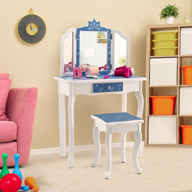 Princess vanity table and chair set with tri-folding mirror, snowflake print, perfect for children's makeup and play.