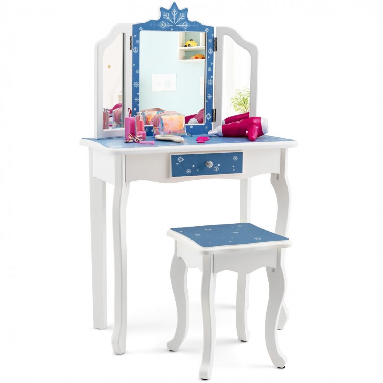 Princess vanity table and chair set with tri-folding mirror, snowflake print, and large drawer for children's makeup.