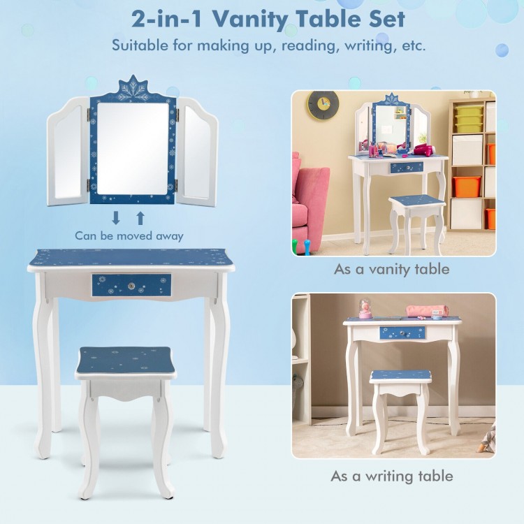 Princess vanity table set with tri-folding mirror, snowflake print, and large drawer, ideal for kids' makeup or writing.