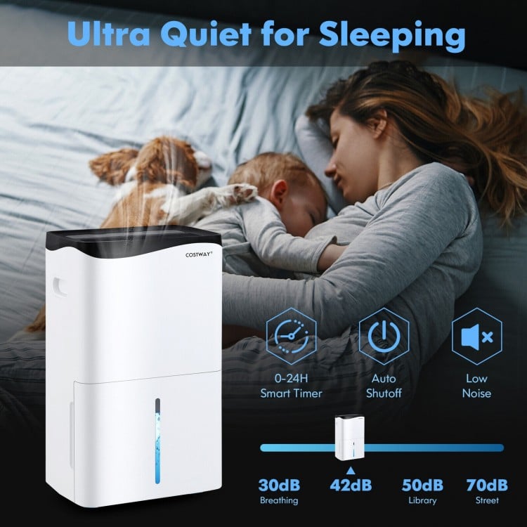 100-pint dehumidifier in white with smart app control, ideal for large rooms up to 5500 sq.ft, featuring low noise.