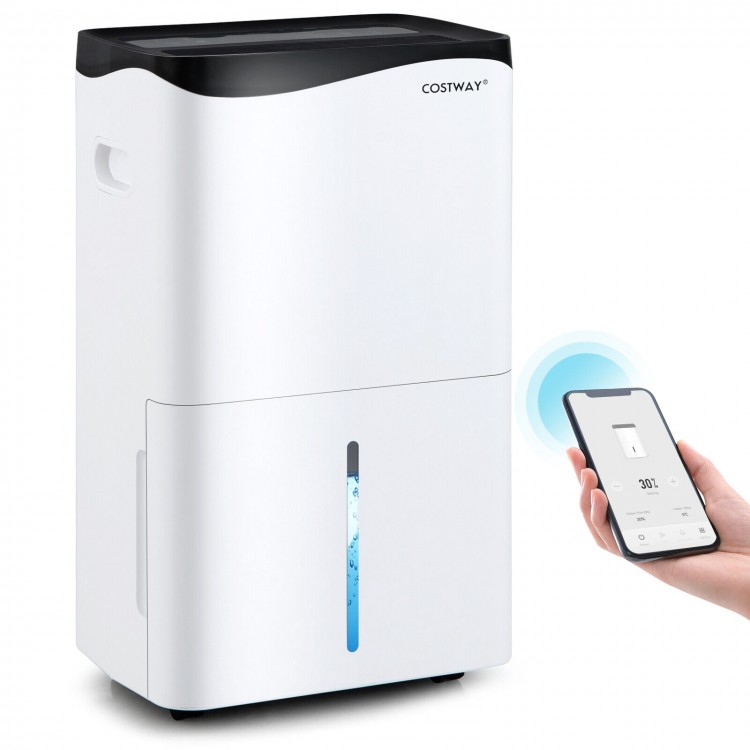 100-pint dehumidifier in white with smart app and Alexa control, ideal for rooms up to 5500 sq.ft for optimal comfort.