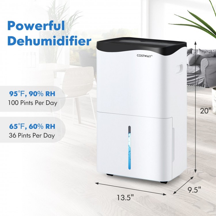 100-pint dehumidifier in white with LED control panel, ideal for rooms up to 5500 sq.ft, featuring smart app control.