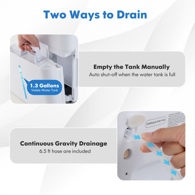 Dehumidifier drainage options showing manual tank and continuous gravity drainage with included 6.5 ft hose.