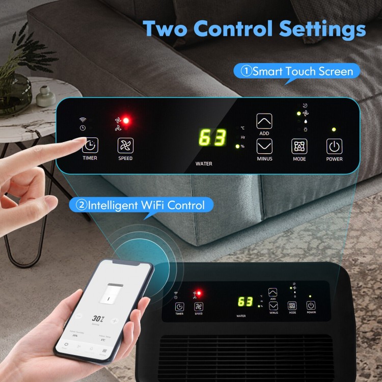 Smart touch control panel of the 100-pint dehumidifier with WiFi and Alexa control for home comfort.