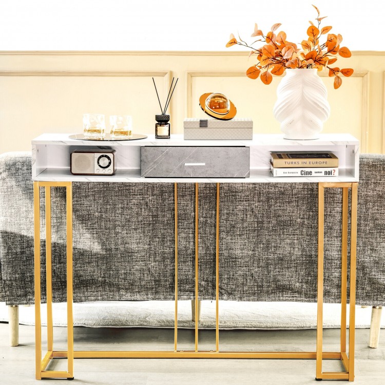 Narrow long sofa table with faux marble surface and gold steel frame, featuring a drawer and two storage cubes for.