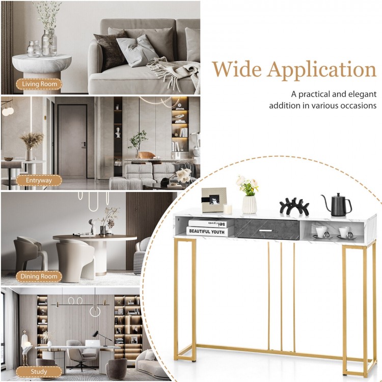 Narrow long sofa table in white with gold steel frame and faux marble surface, ideal for living room or entryway.