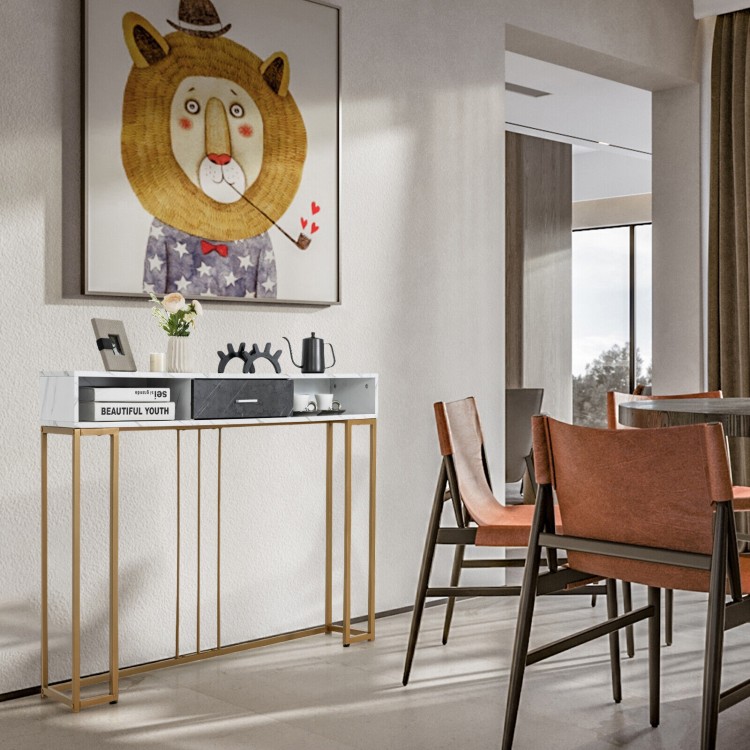 Narrow long sofa table in white with gold steel frame, faux marble surface, and ample storage for living room use.