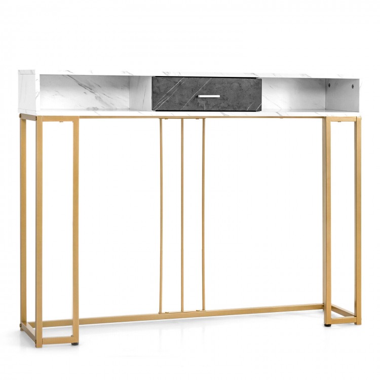 Narrow long sofa table with a sleek faux marble top and elegant gold steel frame, perfect for stylish entryway decor.