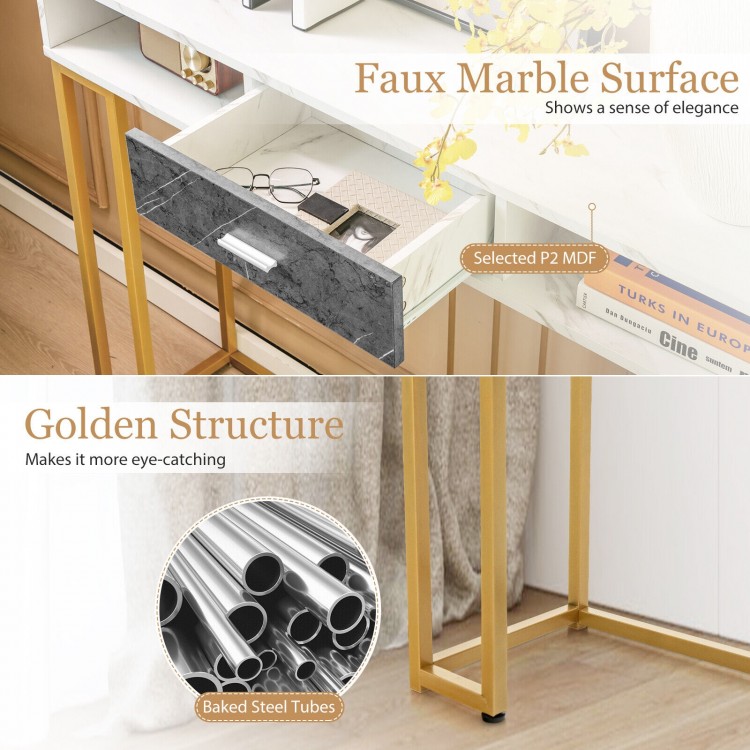 Narrow long sofa table featuring a faux marble surface and gold steel structure, ideal for living room storage and.