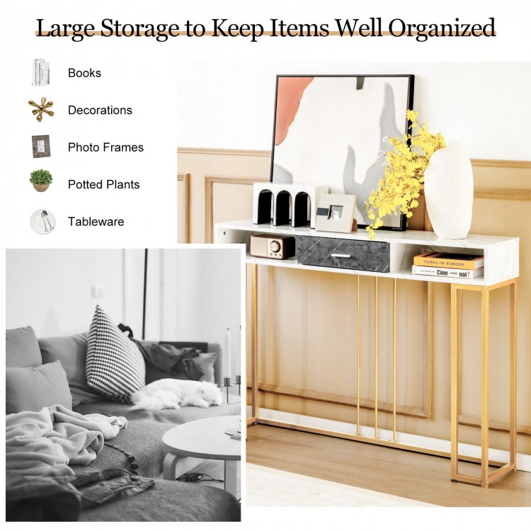 Narrow long sofa table in white with gold steel frame and faux marble surface, ideal for living room storage and decor.