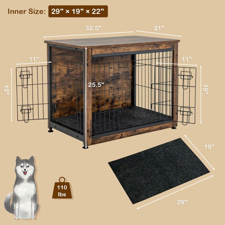 Wooden dog crate furniture in brown with double doors, spacious tabletop, and felt pad for comfort, suitable for pets.