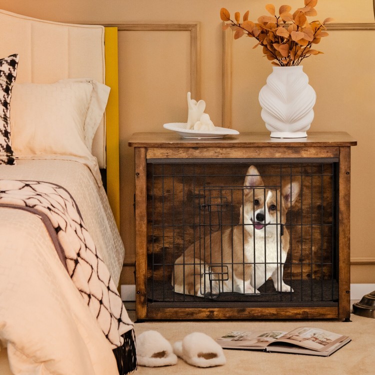 Wooden dog crate furniture in brown with a felt pad, featuring a spacious tabletop and adjustable side door for.