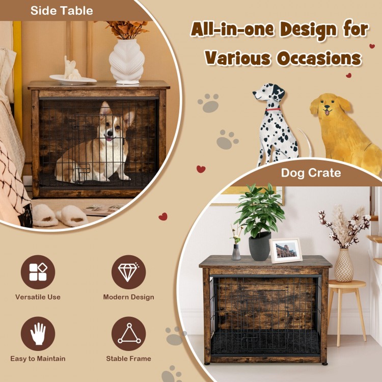 Wooden dog crate furniture in brown with double doors, versatile side table design, perfect for home decor and pet.