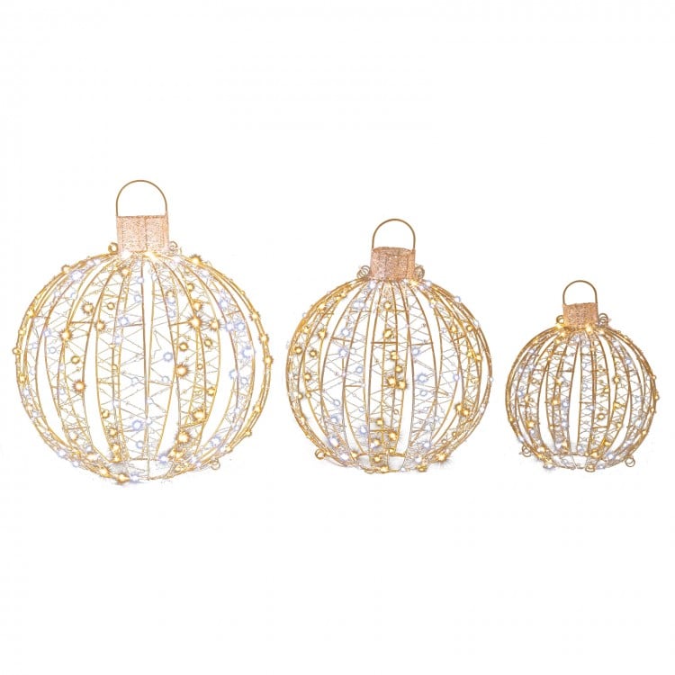 Three sizes of golden Christmas LED light balls with bead strings and built-in handles for versatile holiday decoration.