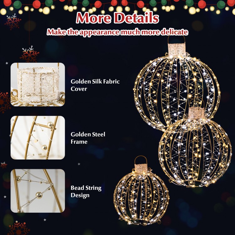 Golden Christmas LED light balls with bead string design, featuring 180 warm and white lights for festive decoration.