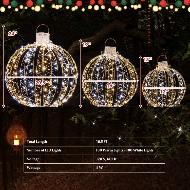 Three sizes of golden Christmas LED light balls with warm and white lights, perfect for festive indoor or outdoor.