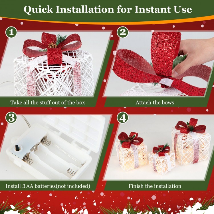 Set of 3 Christmas lighted gift boxes with red bows, featuring snow cover and warm-white LED lights for festive decor.