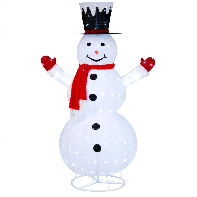 Lighted 6 feet snowman with top hat and red scarf, featuring 200 LED lights for festive outdoor decoration.
