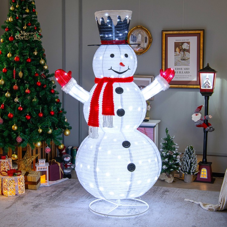 Lighted 6-foot snowman with top hat and red scarf, featuring 200 LED lights for festive indoor or outdoor decoration.
