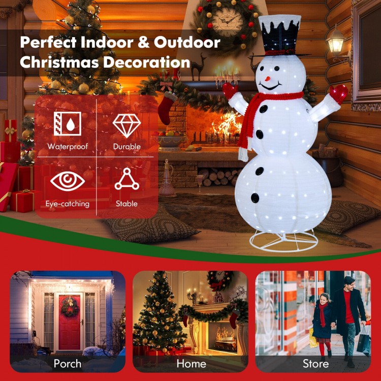 Lighted 6-foot snowman with top hat and red scarf, featuring 200 LED lights, durable fabric, for indoor and outdoor.
