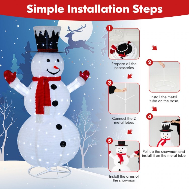 6-foot lighted snowman with top hat and red scarf, featuring 200 LED lights, for festive indoor and outdoor decoration.