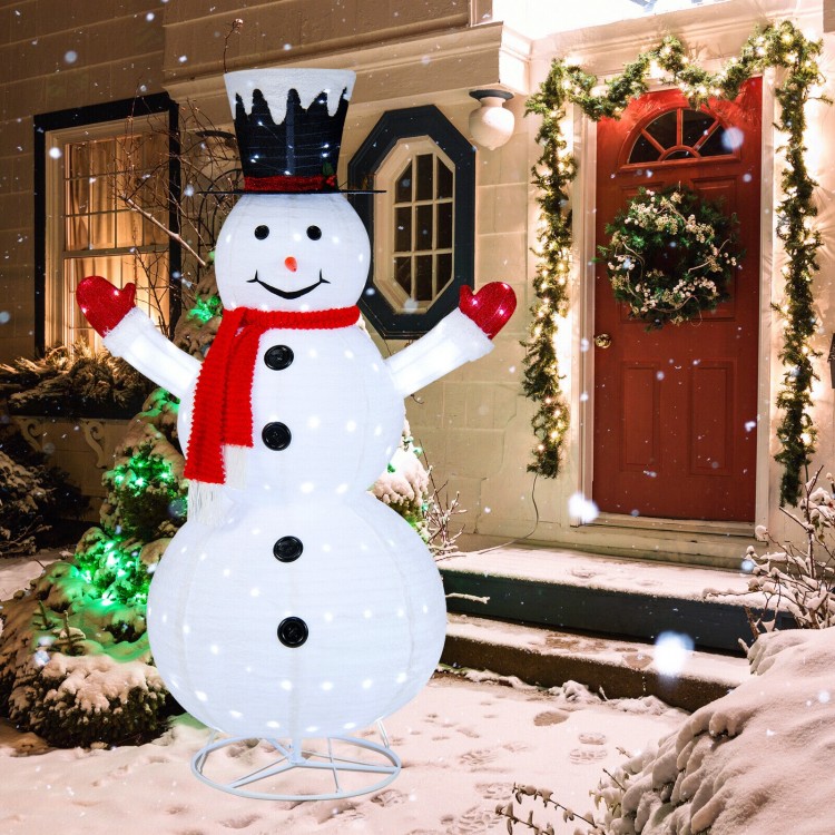 Cheerful 6-foot lighted snowman with red scarf and top hat, adorned with 200 LED lights, perfect for festive winter.