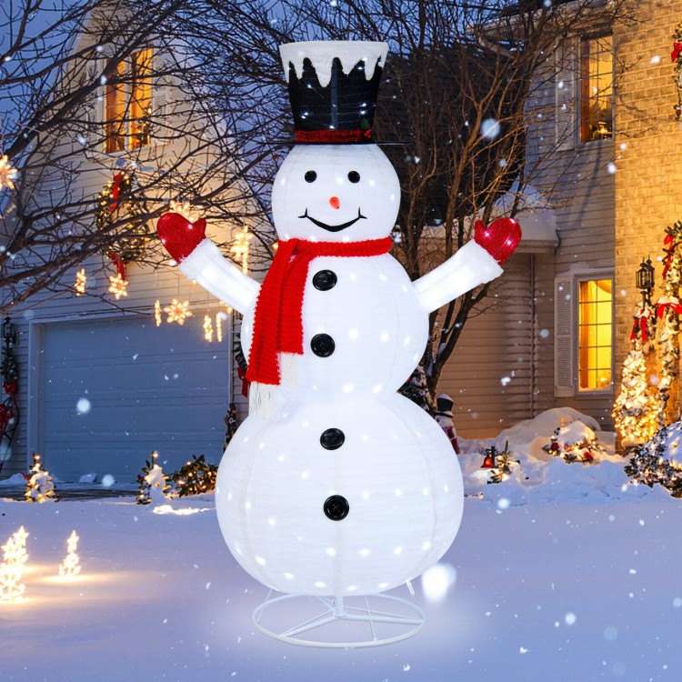 Lighted 6 feet snowman with top hat and red scarf, featuring 200 LED lights, perfect for outdoor holiday decoration.