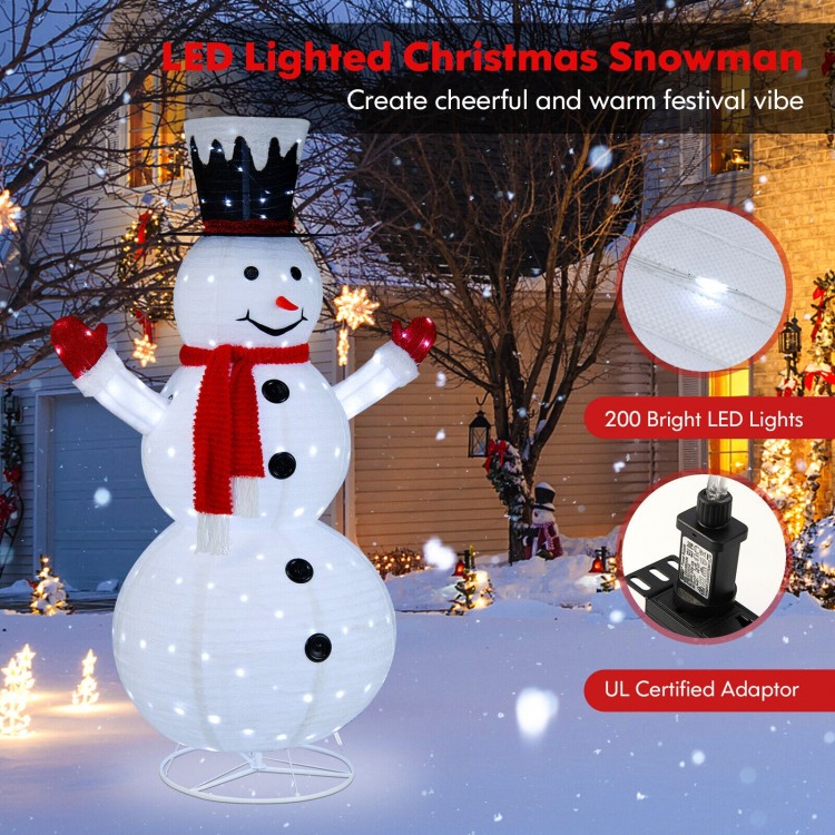 6-foot lighted snowman with top hat and red scarf, featuring 200 LED lights for festive outdoor decoration.