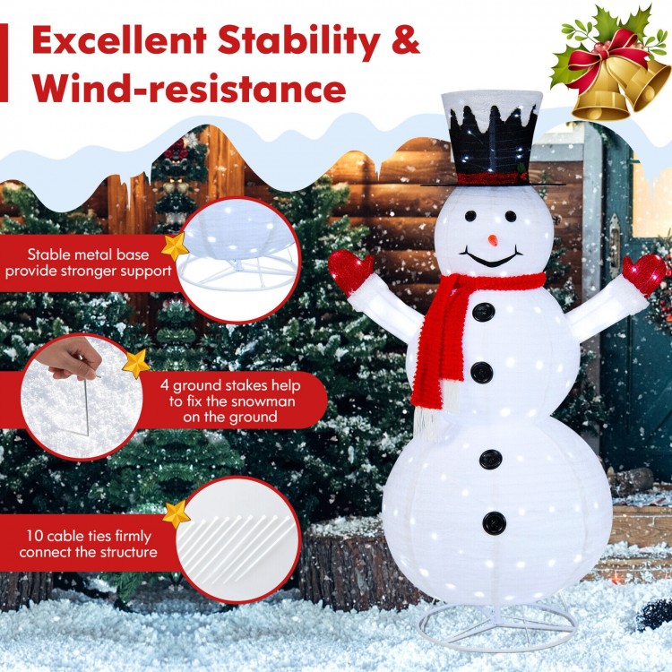 6-foot lighted snowman with top hat and red scarf, featuring 200 LED lights for vibrant outdoor decoration.