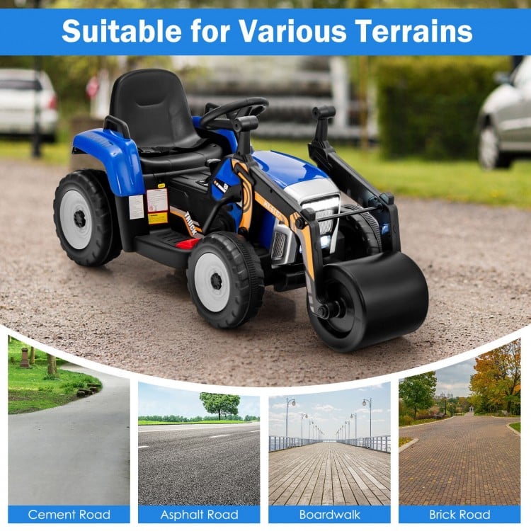 12V kids ride-on road roller in blue with adjustable drum, remote control, and wear-resistant tires for various.