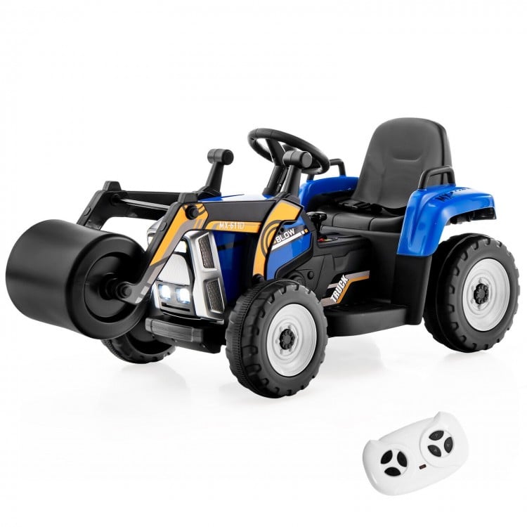 12V kids ride-on road roller in blue with remote control, featuring adjustable drum roller and LED headlights for fun.